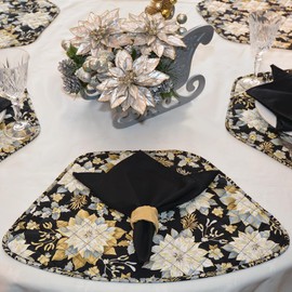 Sweet Pea Linens Quilted Black, Silver & Gold Christmas Poinsettia Wedge-Shaped Placemats - Set of Two