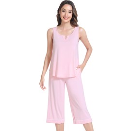 NACHILA Women's Pajamas-Viscose Made from Bamboo,Soft Tank Top with Capri Pajama Set Summer Sleeveless Pj Cooling Sleepwear Pink M