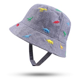 JANGANNSA Summer Baby Boys Hat Sun Protect Bucket Hat for Girls Wide Brim Cotton Beach Cap (Denim Blue Dinosaur, 20.5"(2-4 Years))