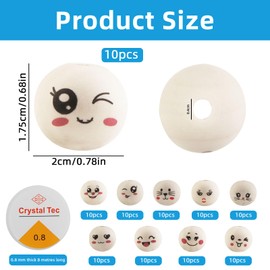 Getyjoe Pack of 100 Wooden Beads with Face Natural Wooden Balls Face Ball Wooden Smiley Beads with Hole for DIY Jewellery Bracelet Necklace Decorative Pendant 20 mm (with Bead Cord)