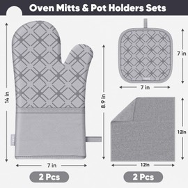 Oven Mitts and Pot Holders Set with Dishcloths, 500 Degree Heat Resistant Oven Gloves and Hot Pads, Premium Soft Cotton Kitchen Mittens and Dish Cloth Sets-Grey