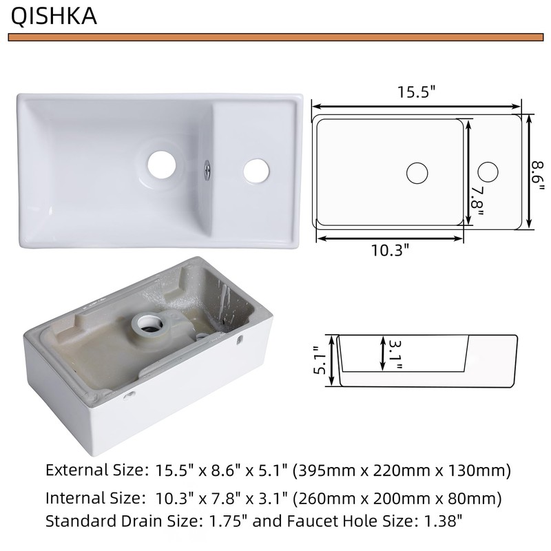 Small Wall Mount Bathroom Vessel Sink, QISHKA 15.6" X 8.6"