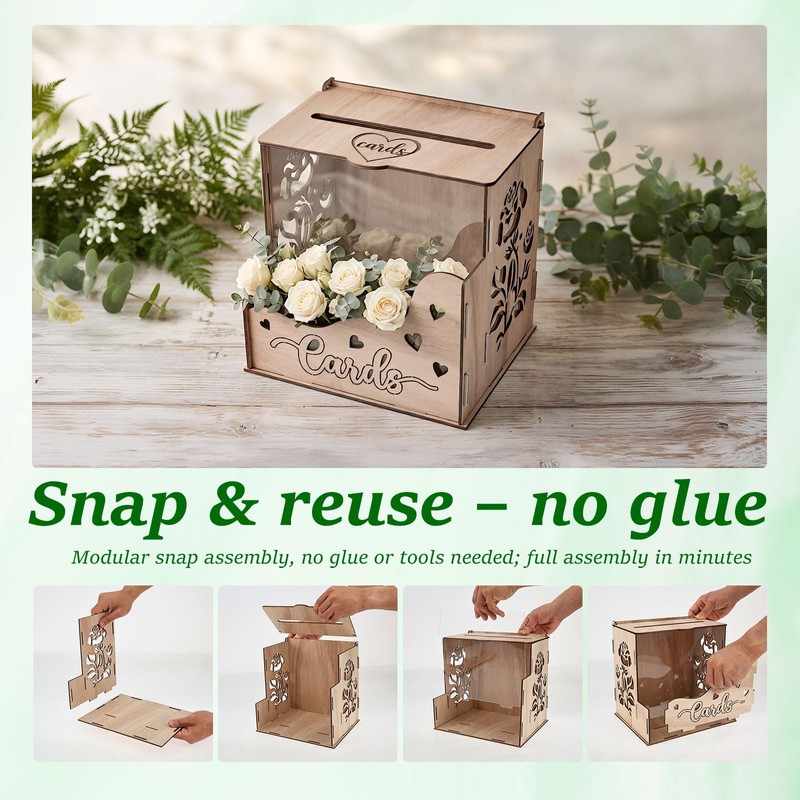 MRSUPP Wooden Wedding Card Box, Hollow Acrylic Window, 24x20x24cm