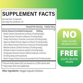 Compuesto activo de hexosa correlacionada 1500 mg suplemento, suplemento natural de extracto de 8 hongos, sistema inmunológico, función hepática, ases