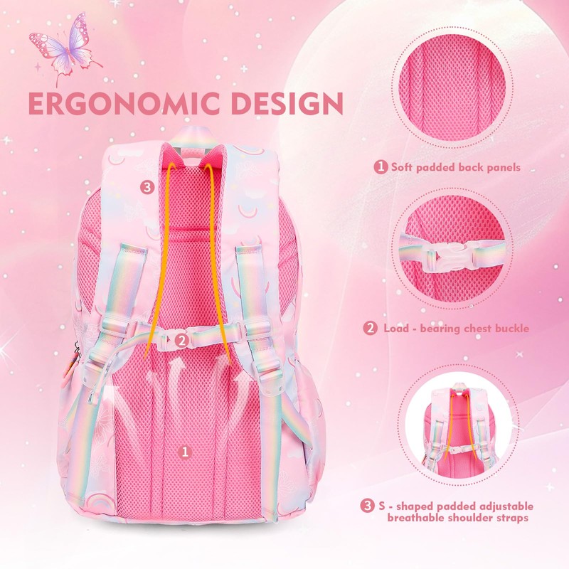 QJHEC Kawaii Starry Rainbow Backpack for Girls – Butterfly Bookbag