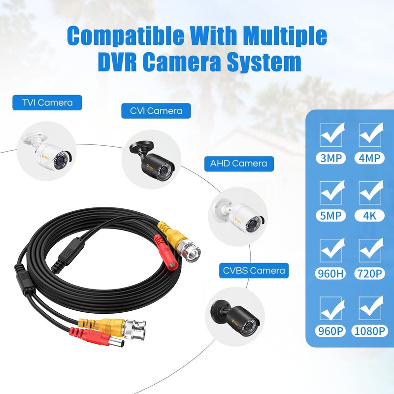 Cocar 5M/6FT Pre-made 2-in-1 BNC Video Power Cables, BNC CCTV