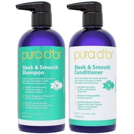 PURA D'OR Sleek & Smooth Shampoo and Conditioner Set For Frizz-Free & Silky Smooth Hair, Infused with Organic Aloe Vera, Argan Oil, Castor Oil, Bergamot Oil & Geranium Oil