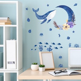 WOHAHA Wall Sticker, Sea, Stylish, Sea Life, Sea Fish, Seaweed, Seashells, Moonflower, Flowers, DIY Wallpaper Sticker, Removable, Stylish, Blue, Monotone, Wall Decor, Children's, Rooms, Beds, Living