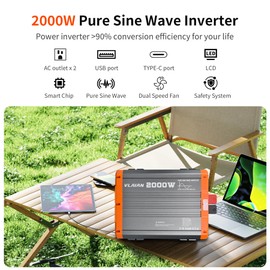 VLAIAN 2000W Pure Sine Wave Inverter,12V DC to 110V AC Power Inverter for Vehicles RV,Truck,Car,Solar Off-Grid Converter with 2 AC Outlet,27W Type-C,5V 3A USB-A,Hardwire Port，16ft Remote Controller