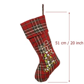 Dibor Traditional Large Red Tartan Embroidered Mistletoe Christmas Stocking - H51cm