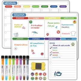 Calendario Magnético para Refrigerador en Español, 2 Planificador Mensual Semanal y 1 Pizarrón Blanco, Pizarra Magnetica Flexible de Nevera con Accesorios 8 Plumones y Borrador para Notas Diario