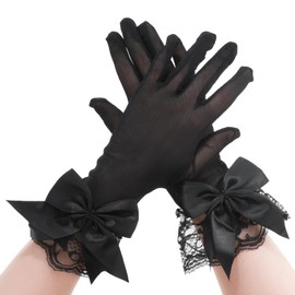 Aeaocvo Black Lace Gloves for Women, Short Satin Gloves Bow Silk Gloves Party Gloves Elegant Vintage Dress Lace Gloves Accessories for Dancing Dinner Masquerade Easter Funeral