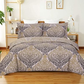 Best Linen Single Duvet Cover Set with 1 Pillowcase 100% Microfiber Soft & Breathable Bedding Set Easy Care Machine Washable (Ochre Damask, Single 2 Piece)