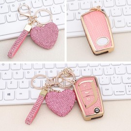 Vicoca for Toyota 3 Buttons Key fob Cover with Diamond Heart Keychain, Car Accessories TPU for Fortuner Tundra Camry RAV4 Highlander Corolla Smart Key, Gold Pink