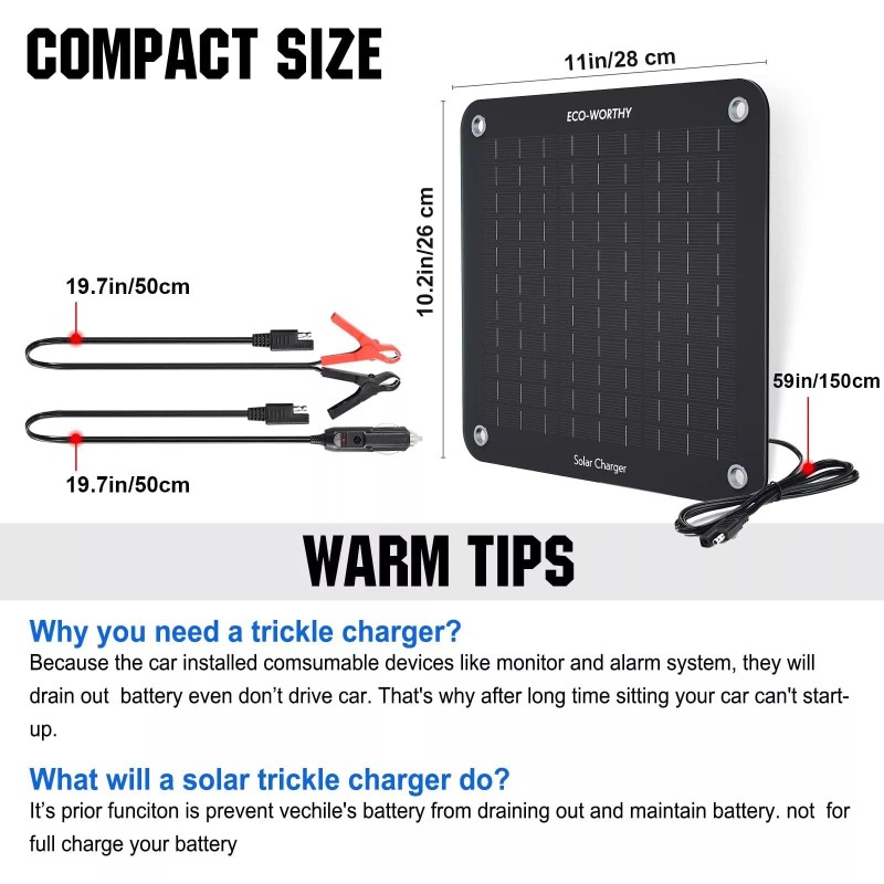 ECO-WORTHY 10W Solar Car Battery Charger Maintainer 12V Waterproof Solar