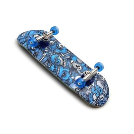 SPITBOARDS® 32 x 96 mm Fingerboard Complete Wood Set-Up Assembled, 5-Layers, Silver Trucks with Bushings and Nuts, Transparent CNC Bearing Wheels, Lasered Foam Grip Tape Blue Mummy Skulls