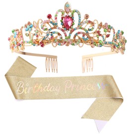 Papoopy Birthday Girl Tiara and Crown with Sash for Women and Girls, Hair Accessories for Wedding Party Costume (C - Multicolor)