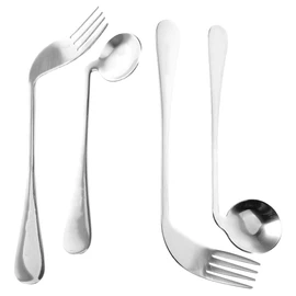Adaptive Utensils Set - Curved Stainless Steel Spoon and Fork for Elderly, Adults with Tremors, Comfortable Angled Handle Design for Easy Feeding at Home (4pcs)