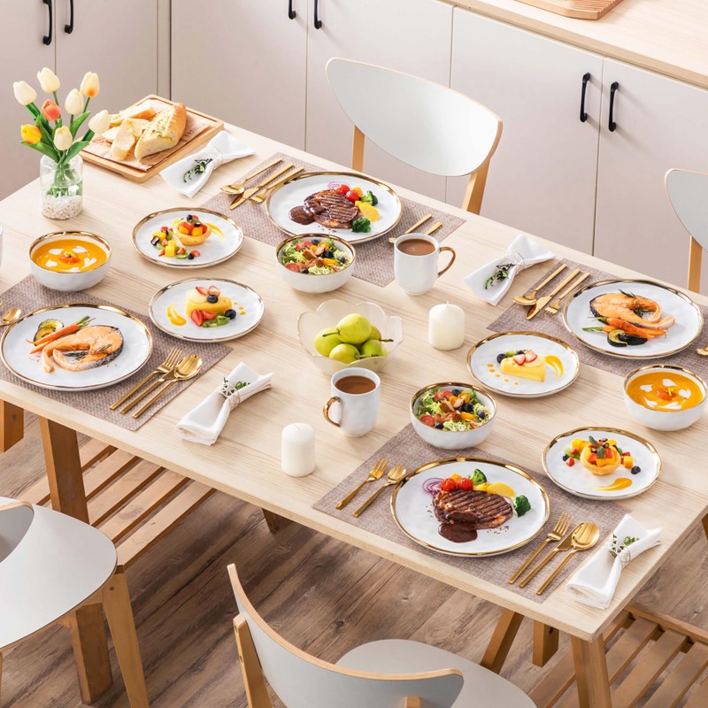 LOVECASA 16 Pieces Plates and Bowls Sets, Porcelain White and