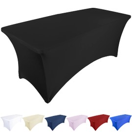 Ocves Stretch Tablecloth 6ft Spandex Polyester Rectangle Stretchy Tablecloth Wedding Party Cocktail Bar Craft Display Washable Tablecloth (Black, 1 Pack)
