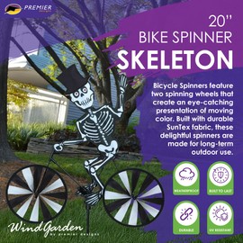 Bike Spinner Skeleton 20" – Spooky Halloween Skeleton Design, Weather-Resistant Outdoor Decor, Durable & Lightweight for Patios, Yards, and Gardens - Eye-Catching Wind Spinner with Rotating Wheels