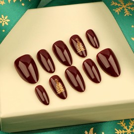 Vopintpy Gold Christmas Tree Press on Nails Medium Oval Xmas Fake Nails Red Solid Color Glue on Nails Glossy Winter Stick on Nails for Women DIY New Year Manicure