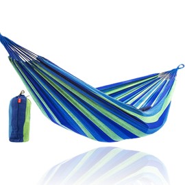 CJ Ultra Double Brazilian Hammock - XL Wide Two Person Soft Woven Cotton Fabric - Long Hamaca Swing Bed for Backyard Patio or Porch - Outdoor or Indoor - Includes 2 Hanging Tree Ropes (Blue Striped)
