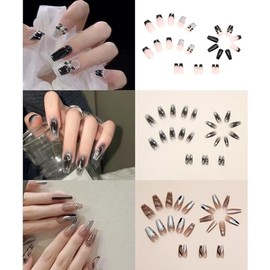 NIUANIUA Nail Tip, Popular, Japanese Style, Bride Nail, Shiny, False Nails, Cute, Round Tip, Fashion, 3D Nail Tip, Long, Nail Tip, 12 Sizes, 72 Pieces (Black)