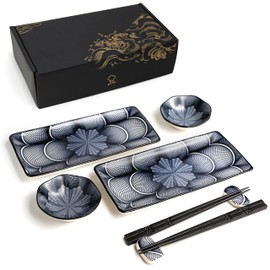 8 Piece Japanese Style Ceramic Sushi Plate Set 10-inch rectangle sushi dishes- 2 Sushi Plates, 2 Sauce Dishes, 2 Pairs of Chopsticks, 2 Chopsticks Holders