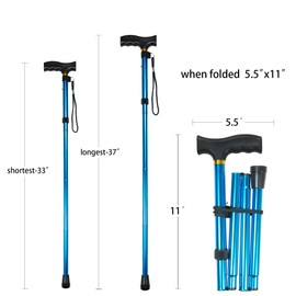 CLOKTA Folding Cane, 5-Level Adjustable Height Lightweight Portable Foldable Walking Canes with Wrist Strap and T Handle for Men Women Seniors (Solid Blue)