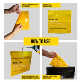 DrillChill Drilling Dust Catcher Bags - 30PCS Disposable Yellow Dust Collector Bags for Drywall, Brick, Concrete Wall Drilling, Self-Adhesive, PRO and DIY Use, Trash Bags, Keeps Floors Clean