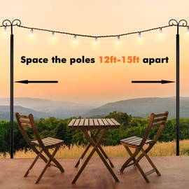 Goplus String Light Pole for Outside, 2 Pack 10ft Outdoor Metal Poles with Hooks for Hanging String Lights, Heavy Duty Garden, Backyard, Patio Light Poles Stand for Deck, Parties, Wedding