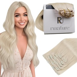 RUNATURE Real Hair Clip-In Extensions White Blonde Short Hair Extensions Straight 35 cm 14 Inches #800 120 g