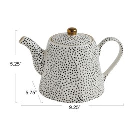White Stoneware Teapot with Black Speckles & Gold Electroplating