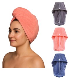 Microfiber Hair Drying Towel Wrap with Button Closure, Quick Dry Hair Turban, Gray