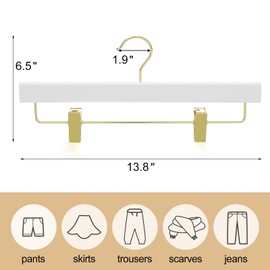 TOPIA HANGER White Wooden Pants Hangers with Gold Clip, 20 Pack Skirt Short Trousers Jeans Slacks Hangers with 360 Swivel Hook and Adjustable Clip with Rubber Padded for Closet, CT50WG20