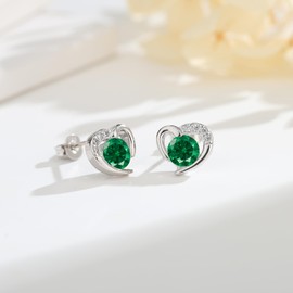 Silver Stud Earrings for Women Girls, Dainty Silver Heart Emerald Cubic Zirconia Stud Earring Jewellery Gift for Mum Wife Her Birthday Mother's Day Valentines Day Christmas