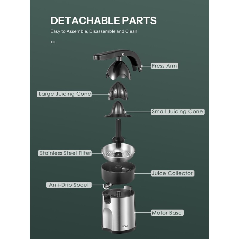 Professional Brushed Stainless Steel Electric Citrus Juicer, 2 Interchangeable Cones