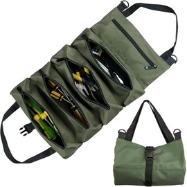 Tool Roll Bag, Canvas Tool Bag with 5 Zip Pockets - Multi-Purpose Tool Organizer for Plumbers, Electricians & Craftsmen - Army Green