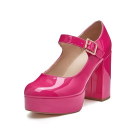 Coutgo Mary Jane Shoes Women Hot Pink Platform Heels for Women Patent Chunky Heels
