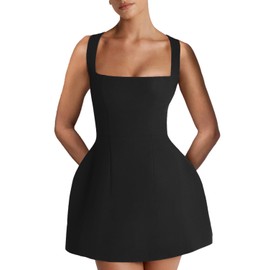 FOXDATE Women's A-Line Mini Dress Sleeveless Square Neck Graduation Party Short Dress Black Medium