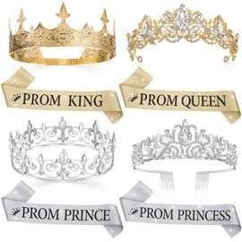 Hinly 8 Pcs Homecoming Prom Tiara Sash Set Prom King and Queen Crown Tiara Princess's and Prince's Royal Crowns Shiny Satin Sash for Homecoming Party School Cosplay Favors(Classic)