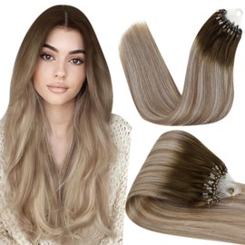 Hetto Microring Real Hair Extensions, Balayage Micro Extensions, Remy Real Hair Dark Brown to Light Brown with Medium Blonde Micro Extensions, Real Hair Cold Fusion 50 g 3/8/22 50 cm