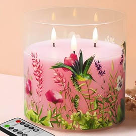 Eywamage 3 Wick Flameless Candle with Remote, Pink Hummingbird Floral Glass LED Candle, Large Battery Pillar Candle Φ 6" H 6"