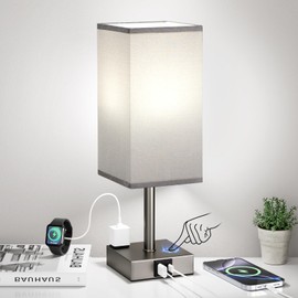aooshine Grey Bedside Lamp for Nightstand - Touch Table Lamp with Type C + A and AC Outlet, Square Charging Lamps for Bedroom Decor, Small Night Light for Office, Dorm Lamp for Men, E26 Bulb Included