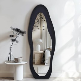Anpark Full Length Mirror 63"x24" Irregular Full Body Mirror Wall Mounted Floor Mirror with Stand Black Flannel Wrapped Wooden Frame Leaning Hanging Wall Mirror for Bedroom Entrance