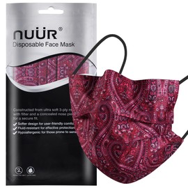 NUÜR 10pcs Paisley 3 Ply Disposable Face Mask, Mask with Filter Layer and Elastic Earloop, Retail Sealed Bags