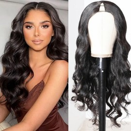 Long Wavy V Part Wigs For Black Women, Wear&Go Upgrade U Part Wig, Glueless Half Wig Heat Resistant Synthetic Hair Soft As Human Hair (24 Inch) (Natural Black, 22 Inch)