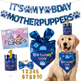 TCBOYING Dog Birthday Party Supplies, Multi Size Offered, Dog Birthday Bandana Banner Boy Hat Bow Tie with Numbers for Small Medium Large X-Large Dogs Pets (Blue, X-Large)