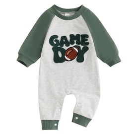 Baby Boy Football Outfit One Piece Football Game Day Ribbed Romper Jumpsuit Fall Newborn Coming Home Clothes (Game Day Green,0-3 Months)